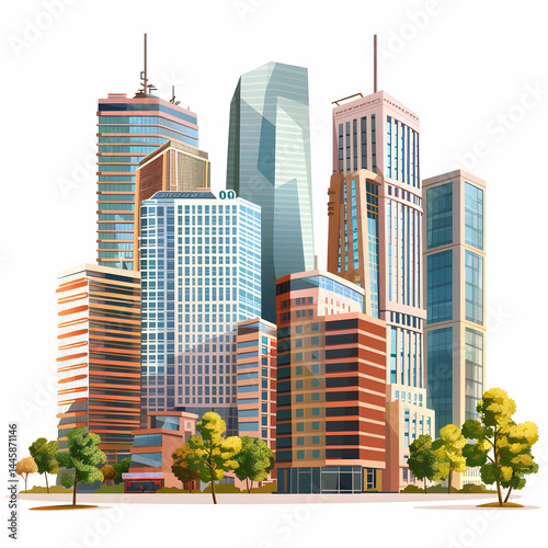 Urban Cityscape Illustration with Modern Skyscrapers and Green Trees