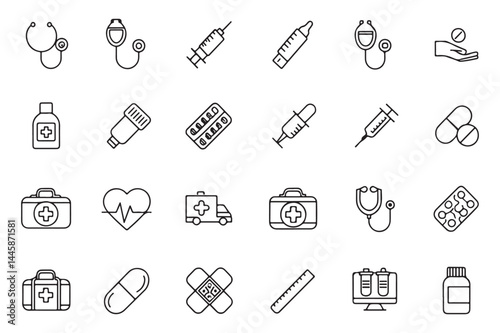 Medical Line Icons Set – Healthcare Equipment & Hospital Symbols Vector