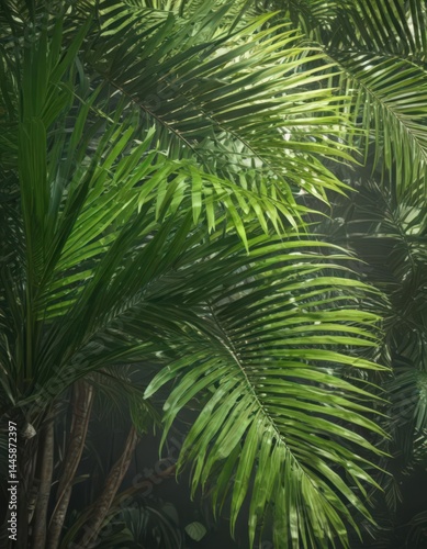 Vibrant green palm fronds, sunlight dappled, intricate leaf veins ,  exotic,  rainforest