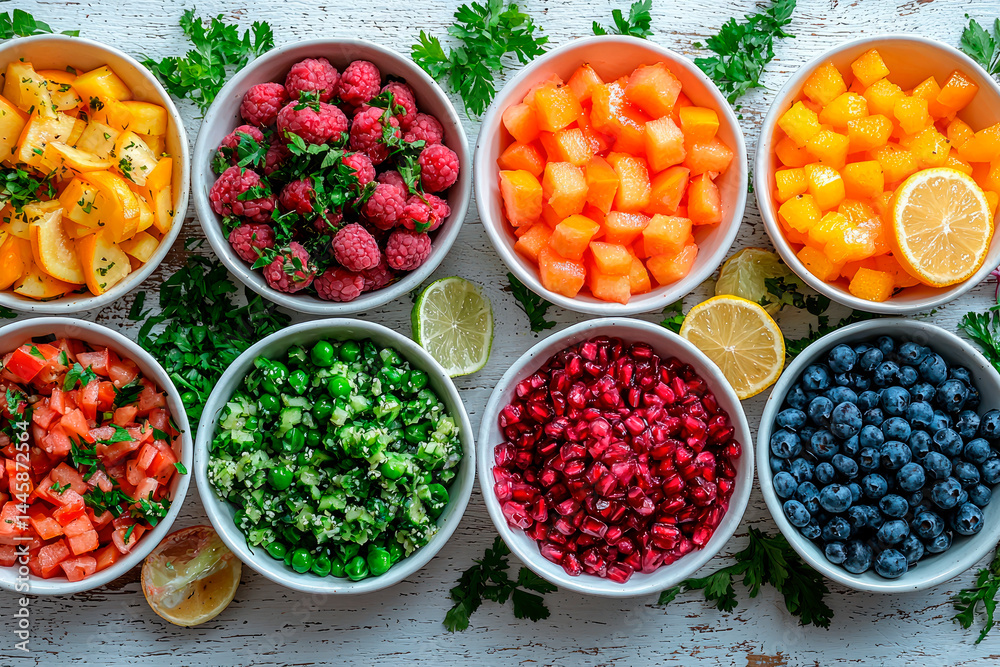 nutritious vegan dishes with colorful salads, grain bowls, fresh fruits, and vegetables, arranged on a white wooden table nutritious vegan dishes with colorful salads, grain bowls, fresh fruits, and vegetables, arranged on a white wooden table
