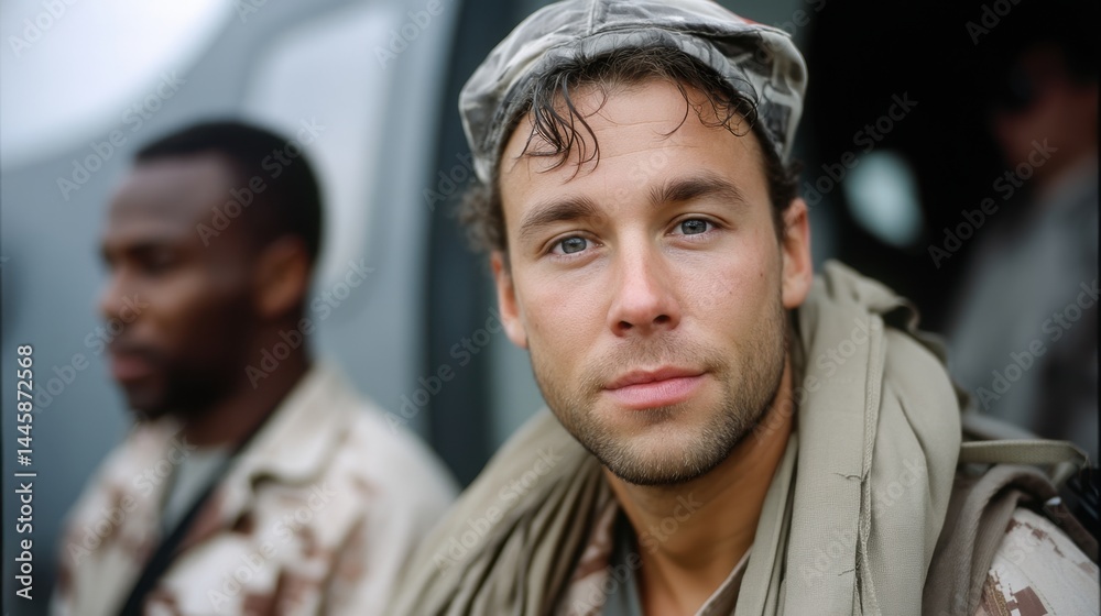 Close-up of Young Male Soldier with Blue Eyes and Light Facial Hair in Military Uniform