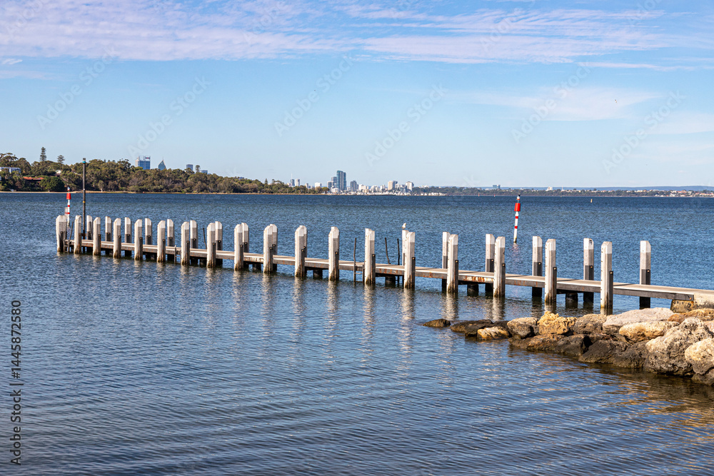 A wooden jetty at Point Walter Reserve (Dyoondalup) on the Swan River, Perth, Western Australia, WA, Australia