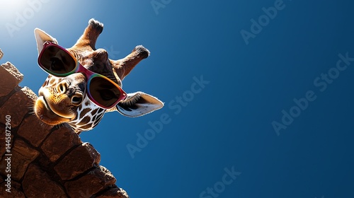 Giraffe wearing colorful sunglasses peering over a stone wall under a clear blue sky