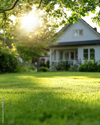 Serene suburban home bathed in sunlight green lawn tranquility residential bliss peaceful living idyllic scene freshness summer day