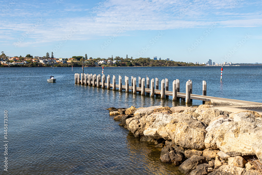 A wooden jetty at Point Walter Reserve (Dyoondalup) on the Swan River, Perth, Western Australia, WA, Australia