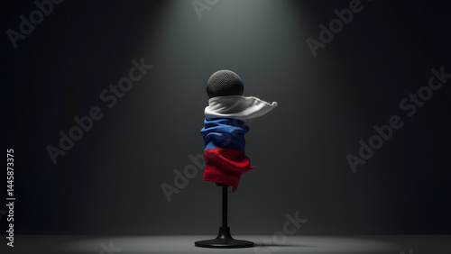 Slovakia’s flag binds a microphone, its fabric straining—a silent cry against suppression. Moody lighting heightens the visual tension.