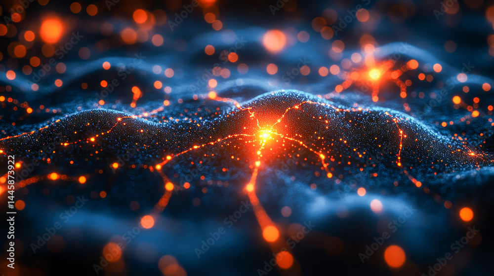 Fototapeta premium Abstract glowing particles flowing in a digital landscape 