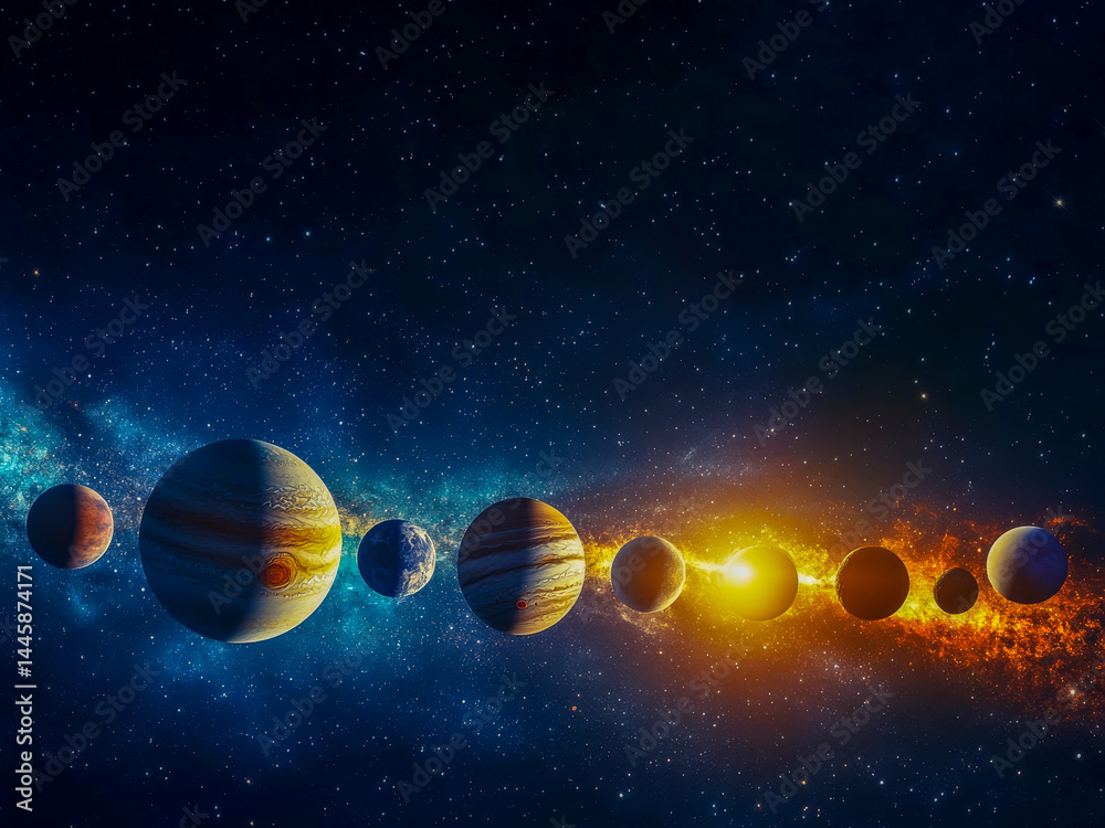 Naklejka premium Explore the mesmerizing alignment of planets set against a backdrop of blue and orange hues, with twinkling stars decorating the vast universe. Each celestial body reveals its unique beauty