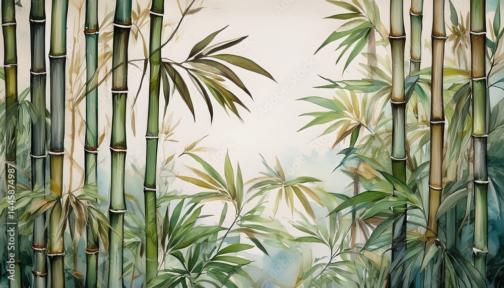 Fototapeta premium tall tropical bamboo wall mural painted art watercolor art style wallpaper background