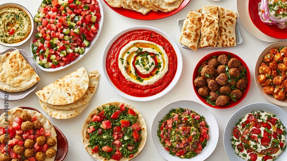 Assorted Middle Eastern dishes displayed on various plates. Fresh, colorful salads, dips, and flatbreads are arranged for a flavorful feast Assorted Middle Eastern dishes displayed on various plates. Fresh, colorful salads, dips, and flatbreads are arranged for a flavorful feast