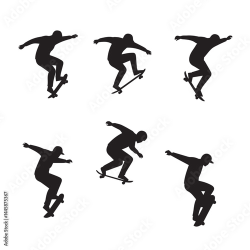 Skateboarder trick illustrations capturing real street stances in stylish action poses

