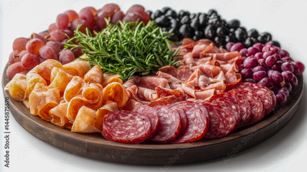 Platter of assorted meats, cheeses, and grapes on a wooden board Platter of assorted meats, cheeses, and grapes on a wooden board