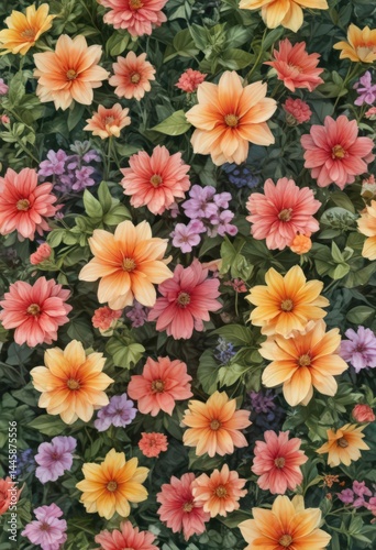 Vibrant watercolor blooms, summer garden  lush petals, sunny hues , closeup, details