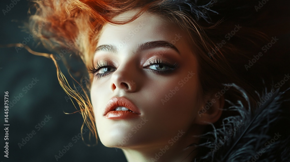 Mysterious Beauty: Redhead Portrait with Dramatic Lighting and Feathers Mysterious Beauty: Redhead Portrait with Dramatic Lighting and Feathers