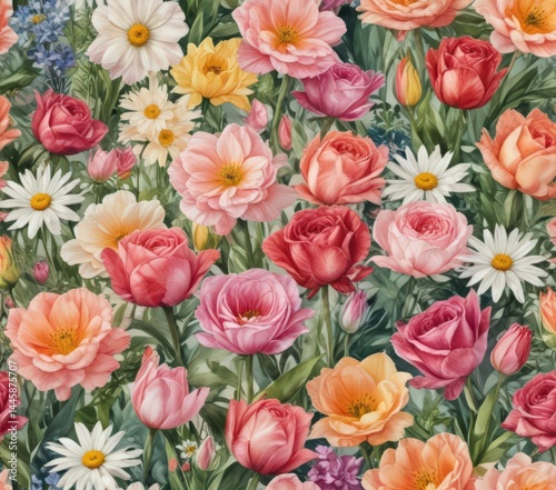 Vibrant watercolor blooms; summer roses, daisies, tulips,  summer,  spring
