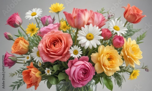 Vibrant watercolor bouquet of roses, daisies, and tulips  ,  background,  bright,  bloom
