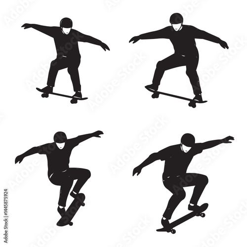 Urban skater icons in mid-air motion with various board techniques for action sports artwork

