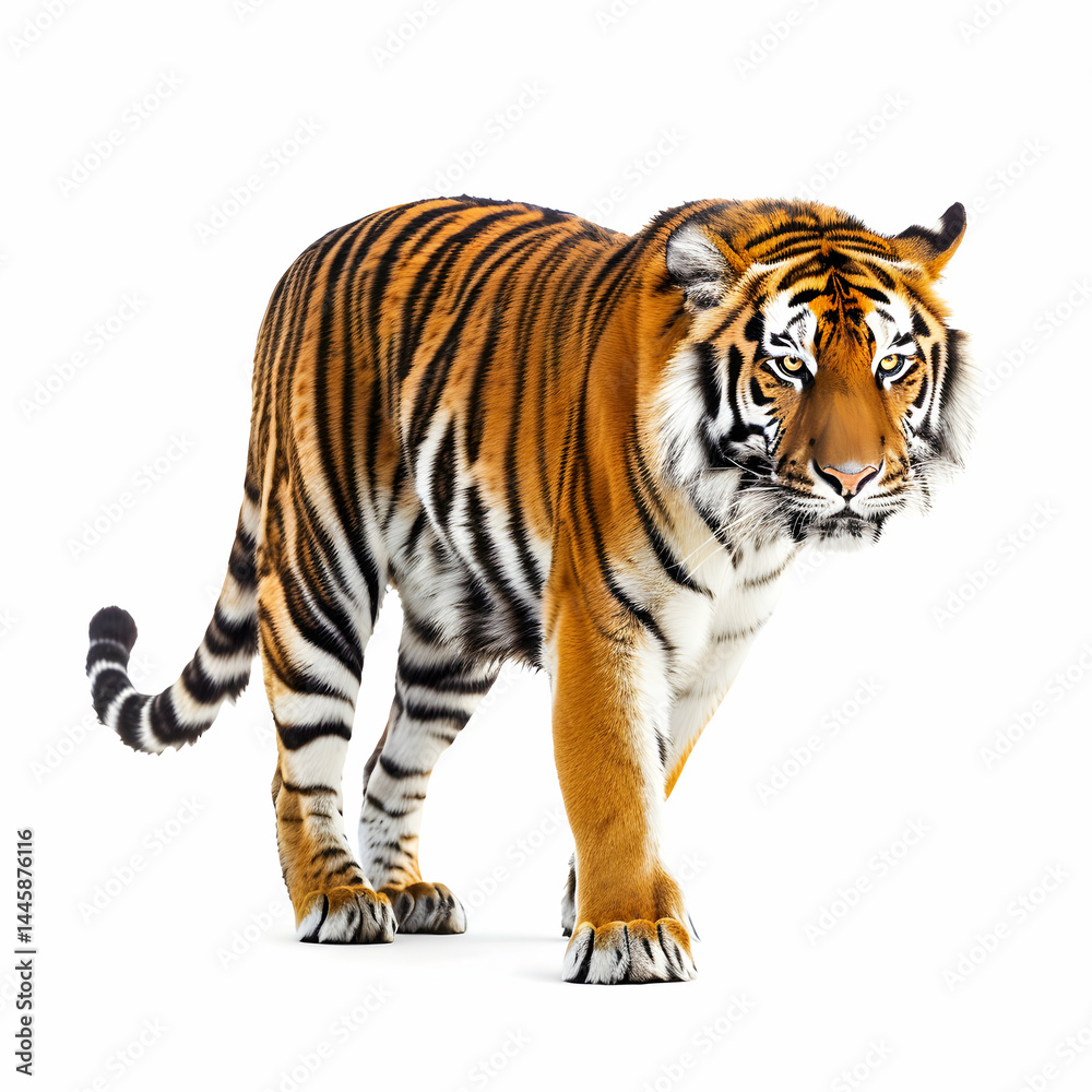Naklejka premium Majestic Orange Tiger Walking Gracefully in Bright Studio Background
