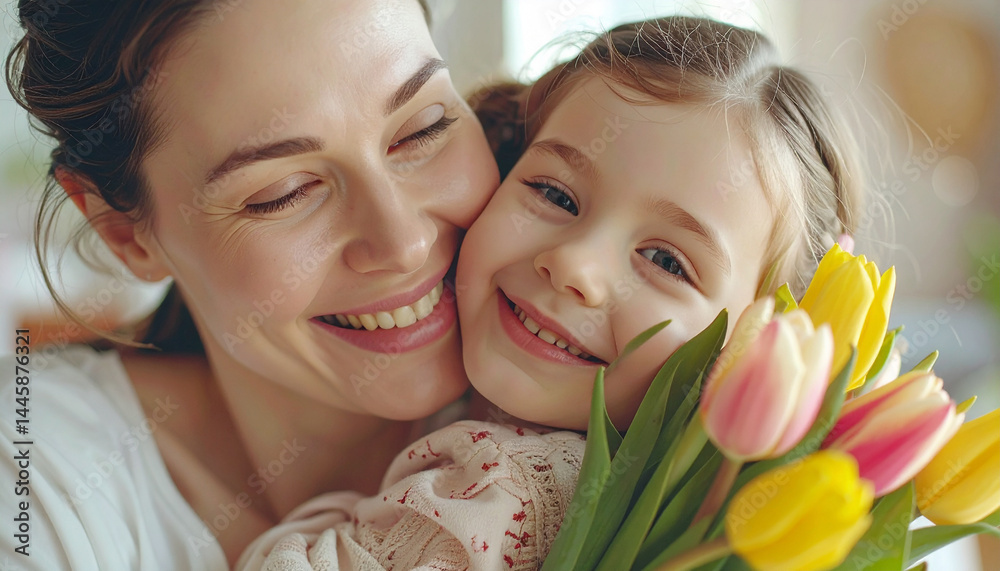 Cherishing a Moment: A mother and child embrace, radiating warmth and happiness, with a vibrant bouquet of tulips in a tender and heartfelt moment. Cherishing a Moment: A mother and child embrace, radiating warmth and happiness, with a vibrant bouquet of tulips in a tender and heartfelt moment.