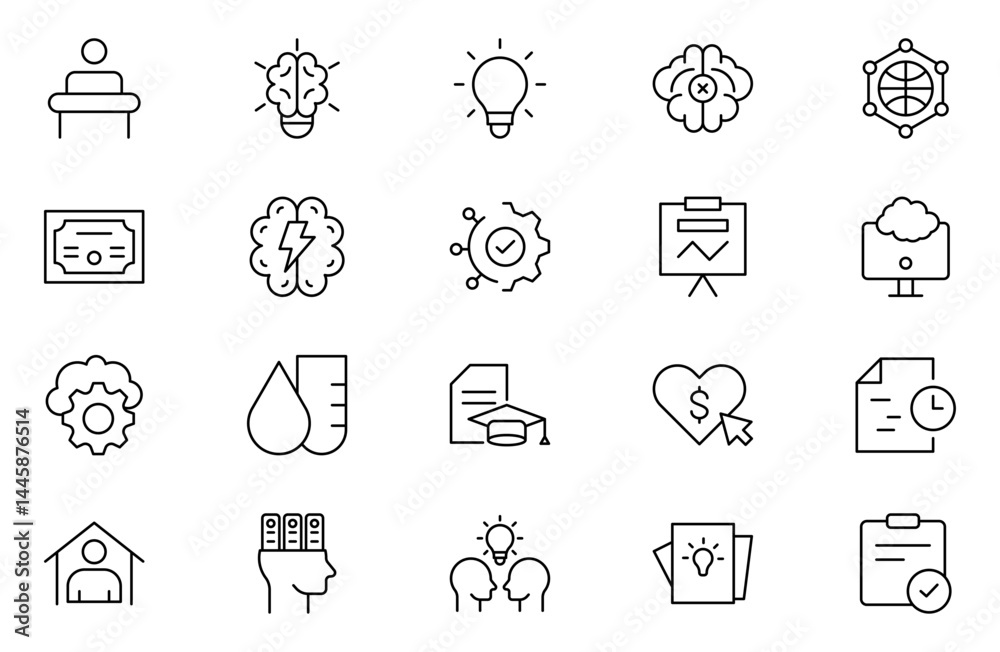 Fototapeta premium Set of Outline icons related to upskill, upskilling, personal growth, development, education, career. Outline icon collection. Editable stroke outline icon.