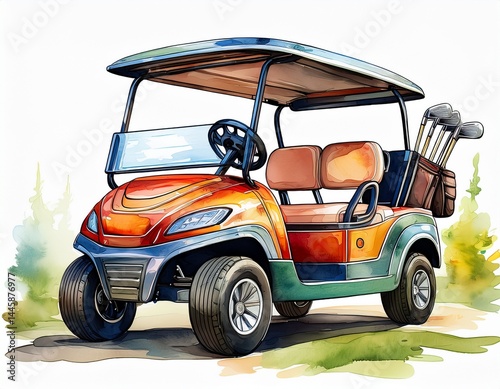 cheerful and whimsical cartoon golf cart with clubs in colorful watercolor style isolated on white background