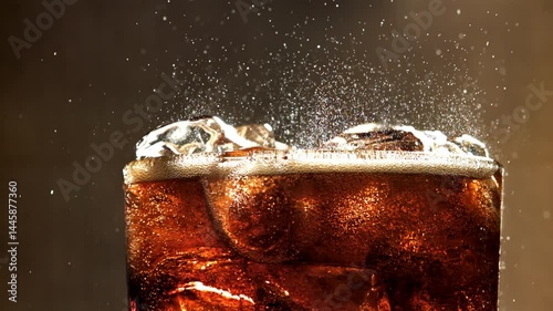 A glass of cola with ice. Splashes on the surface. Filmed on a high-speed camera at 1000 fps. High quality FullHD footage