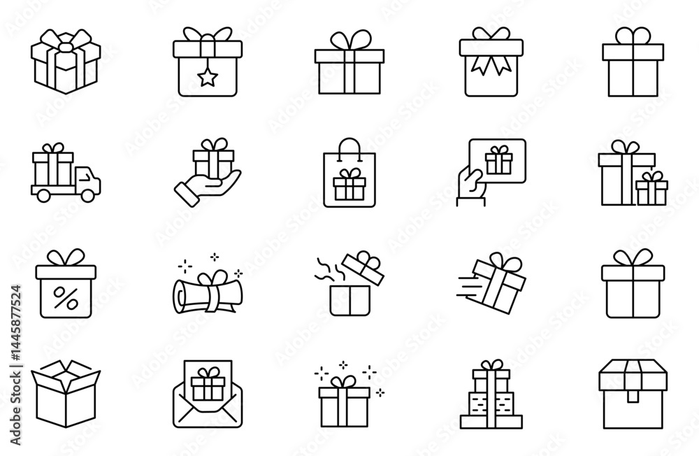 Gift box icon set. Present gift box tied, open, and sparkle for christmas, birthday, valentine, wedding event, party, celebration, and achievement success. Vector illustration Gift box icon set. Present gift box tied, open, and sparkle for christmas, birthday, valentine, wedding event, party, celebration, and achievement success. Vector illustration