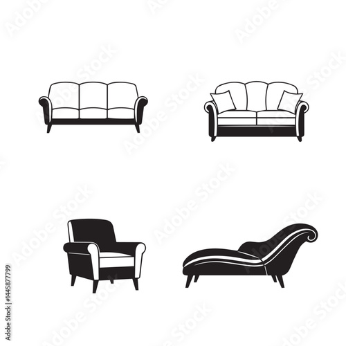 Black and white sofa clipart bundle including couch designs armchairs living room furniture pieces useful for web design print or digital art


