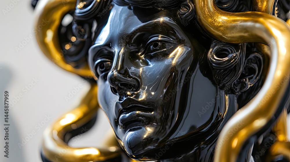 Medusa Statue In Glossy Black With Golden Snakes. Ancient Mythology, Art, And Cultural Symbol. Medusa Statue In Glossy Black With Golden Snakes. Ancient Mythology, Art, And Cultural Symbol.