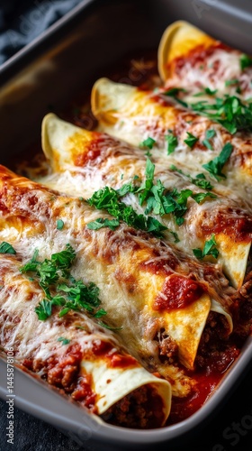 Wallpaper Mural A close-up shot reveals a tray of freshly baked beef enchiladas, ready to eat. Torontodigital.ca