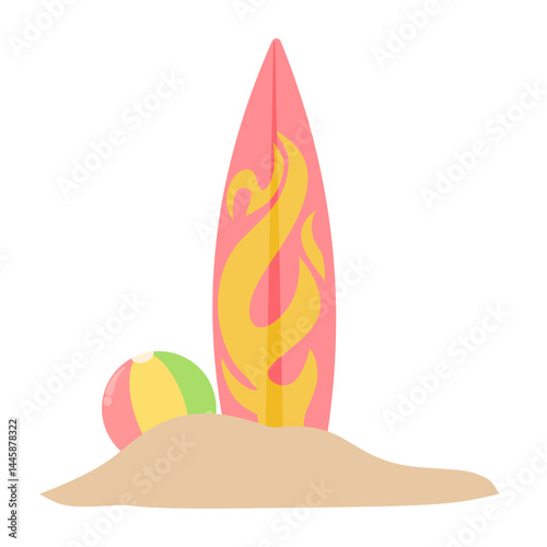 illustration of a surfboard and beach ball