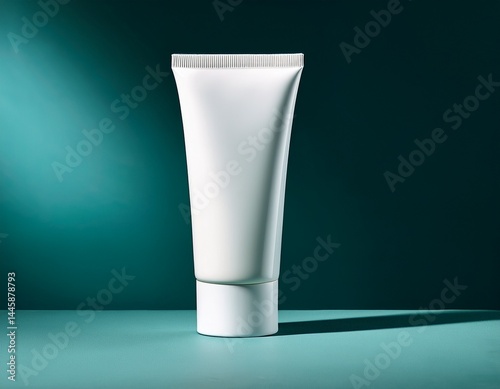 sleek white cosmetic tube with a customizable label against dark teal background with soft lighting