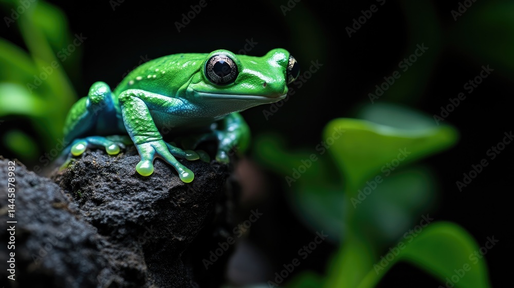 Obraz premium Vibrant green frog perched on dark rock. Close-up, tropical rainforest setting