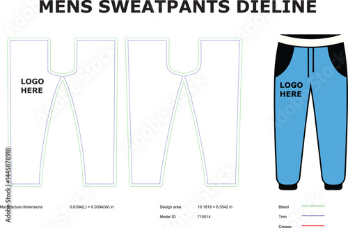 Editable Men's Sweatpants Dieline Template for Apparel Design and Fashion Production