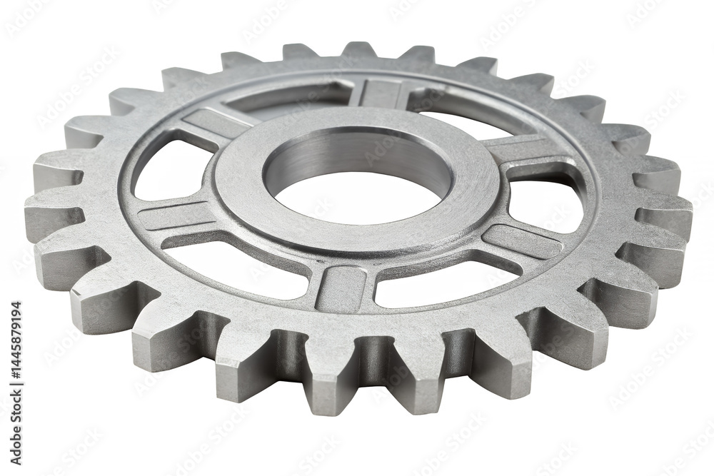 Close up shot of a single silver gear with teeth and center hole isolated in a studio environment png on transparent background Close up shot of a single silver gear with teeth and center hole isolated in a studio environment png on transparent background