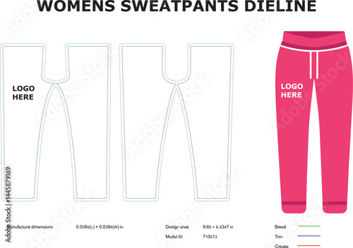Womens sweatpants technical drawing with pink version and dieline template for clothing design
