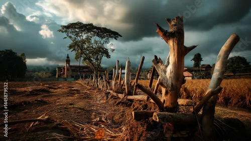 Rural Asian landscape featuring a weathered fence made of wooden posts next to a golden field with dramatic clouds and a traditional building