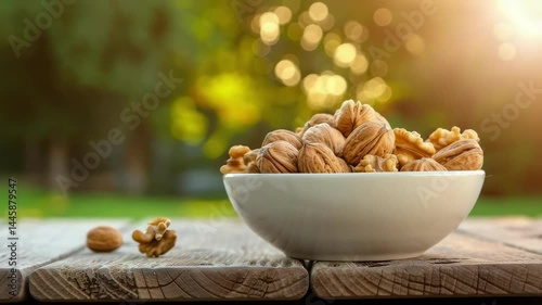 walnuts in a bowl in a white bowl on a wooden table. Selective focus