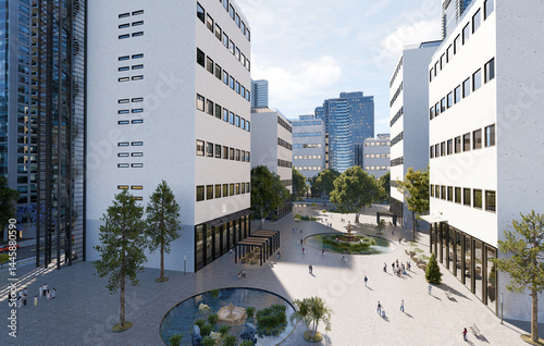3D render of an urban business center with a courtyard and a crowd of people