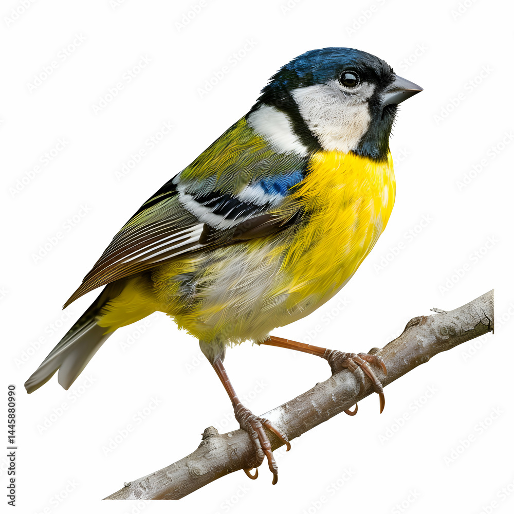 Fototapeta premium Vibrant Yellow Bird Perched on Branch with Detailed Feather Patterns