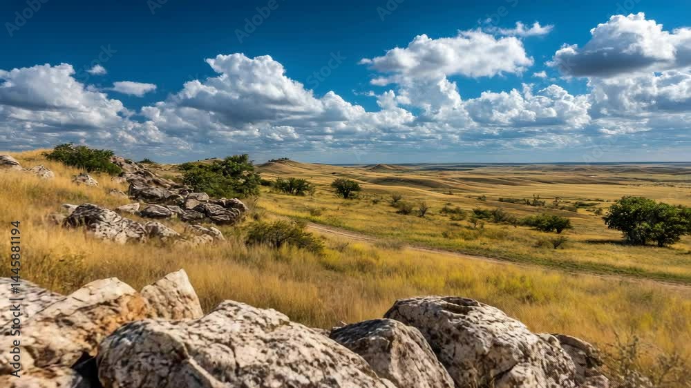 Vast prairie landscape with rolling hills, textured rocks, yellow grasslands, and a blue sky filled with puffy cumulus clouds Vast prairie landscape with rolling hills, textured rocks, yellow grasslands, and a blue sky filled with puffy cumulus clouds