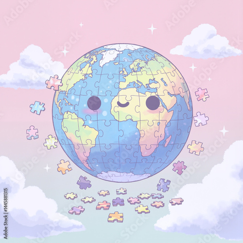 Earth puzzle illustration with cheerful expression in a pastel sky  