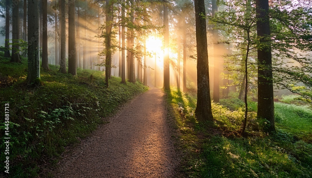 Obraz premium serene nature trail in a misty forest at sunrise with soft sunlight glowing through the trees
