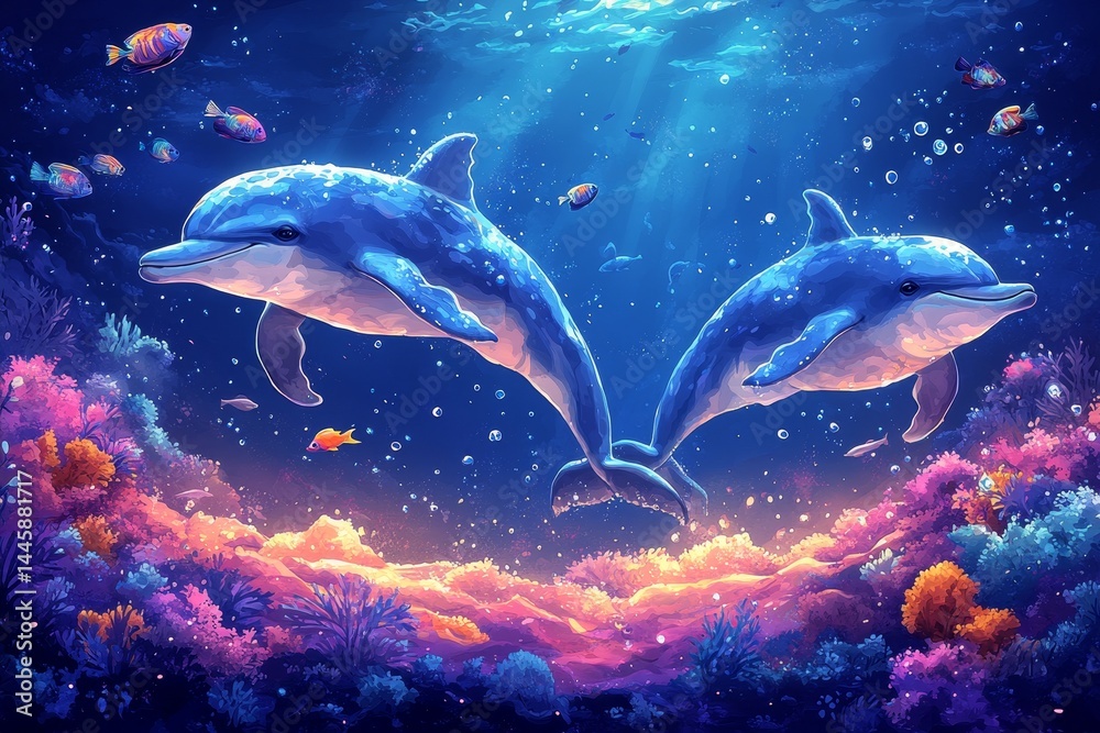 Fototapeta premium Dolphins leaping, coral reef, ocean, sunlight, underwater scene, nature, fantasy art
