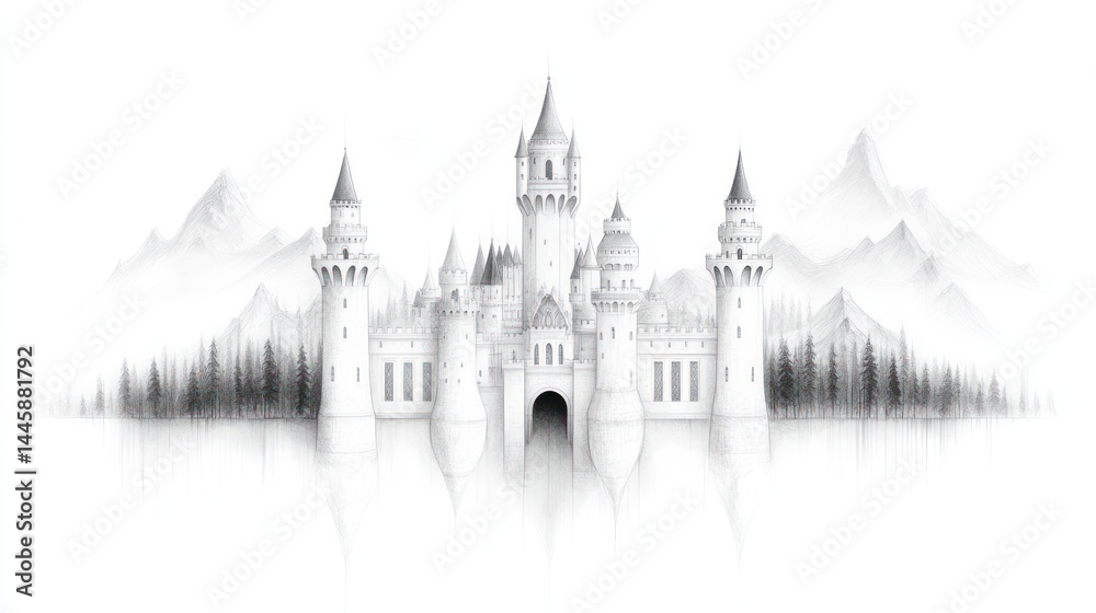 Fototapeta premium Enchanted Castle by the Lake: A Fairytale Pencil Sketch