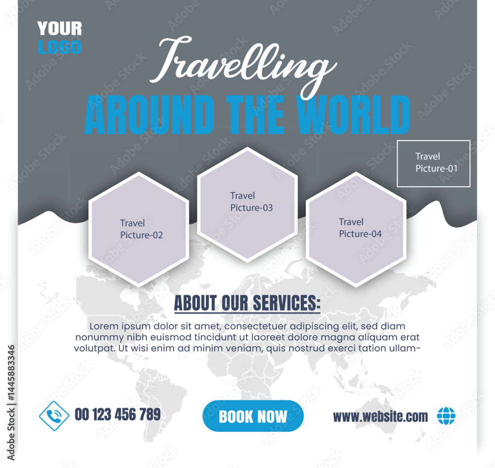 Fototapeta premium Modern Travel Agency Social Media Post Template with Global Theme and Hexagonal Photo Layout