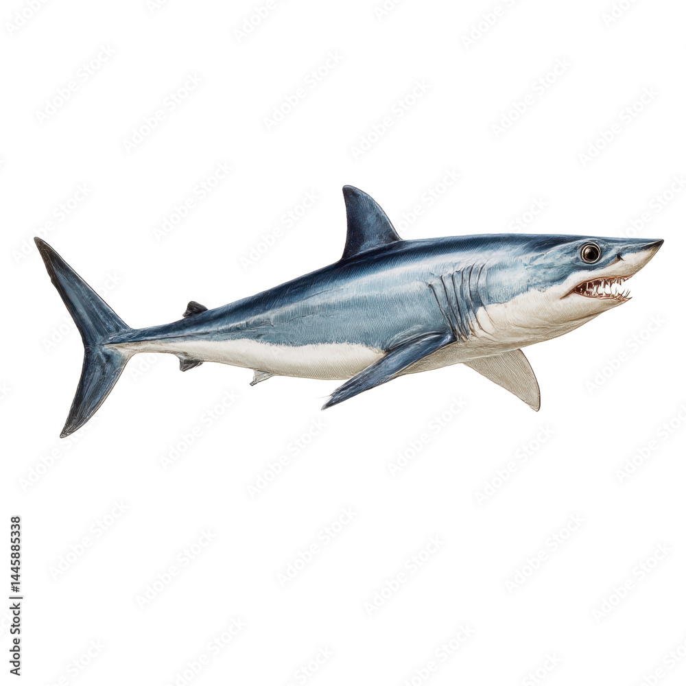 Fototapeta premium Illustration of a mako shark swimming with open mouth showing teeth