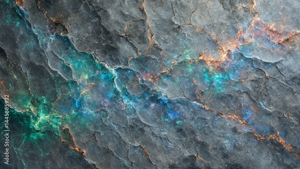 Weathered lunar concrete with shimmering particles, fractures, and subtle cosmic glows in gold, lavender, cerulean. Weathered lunar concrete with shimmering particles, fractures, and subtle cosmic glows in gold, lavender, cerulean.