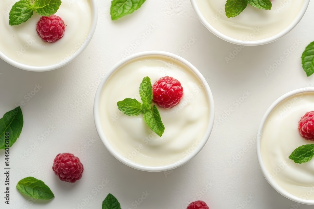 Overhead view of creamy yogurt bowls garnished with fresh raspberries and vibrant mint leaves on white surface Overhead view of creamy yogurt bowls garnished with fresh raspberries and vibrant mint leaves on white surface
