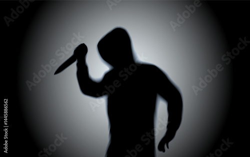 Vector illustration of a man's blurry shadow in a spotlight wearing hoodie and holding knife ready to kill someone - true crime, scary stories, horror, thriller